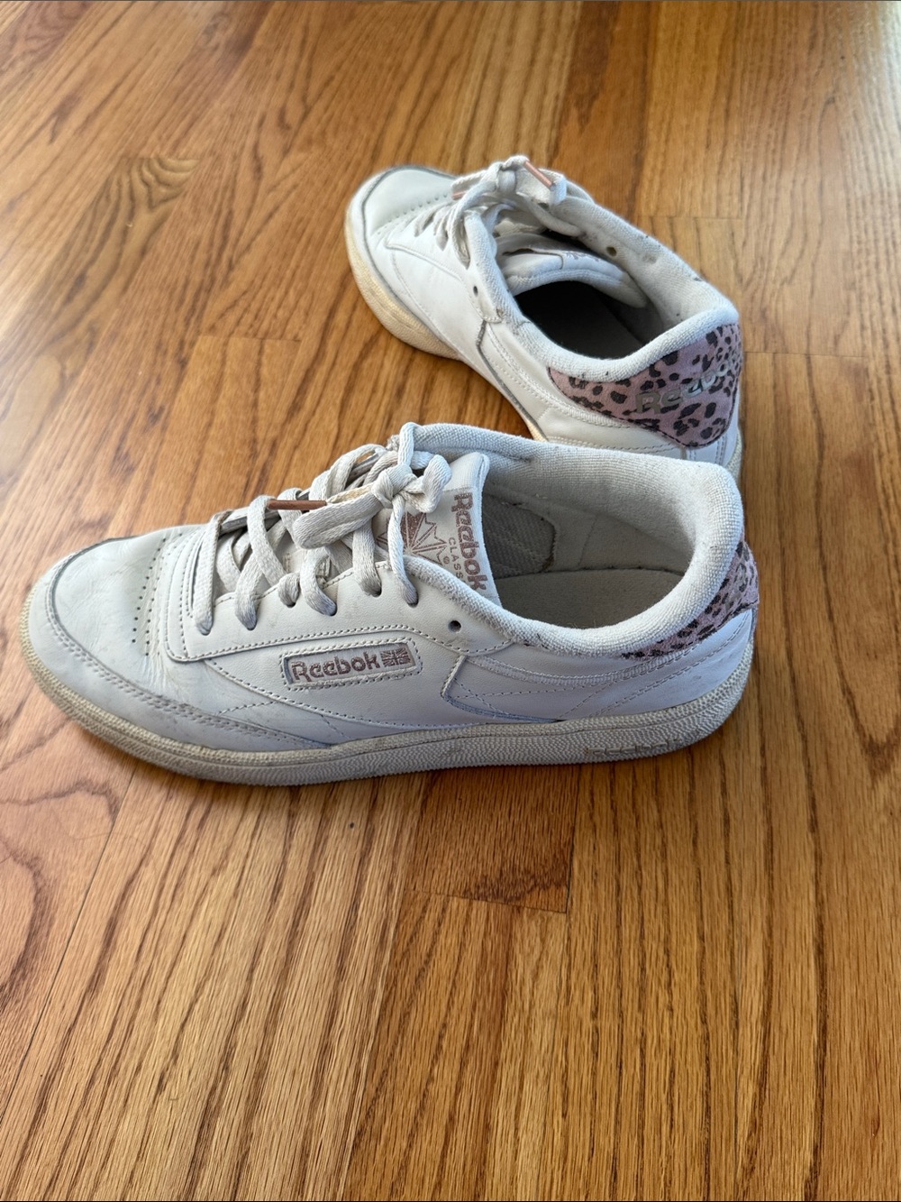Reebok White Leather Sneakers with Pink Leopard Heel